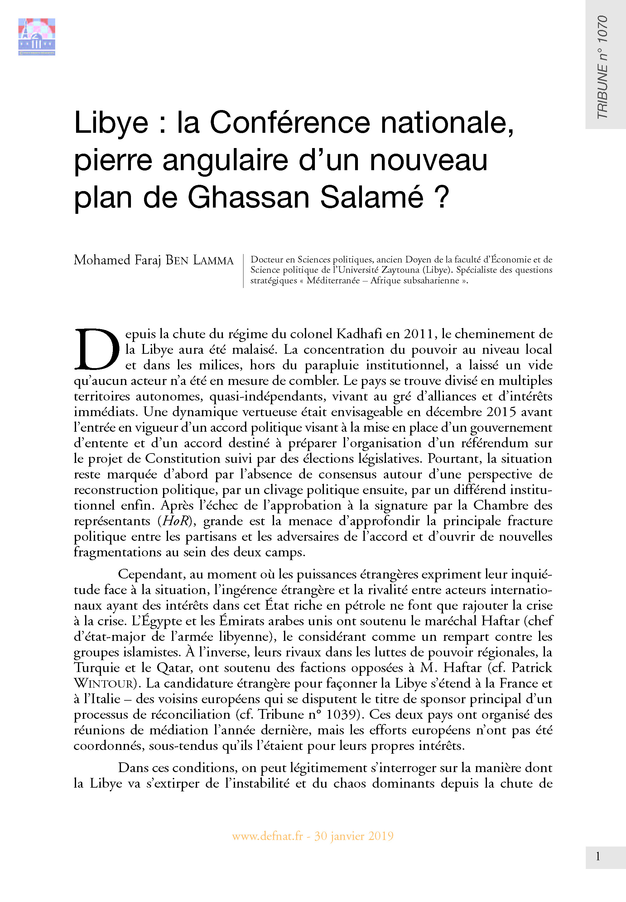 Libye : la Conférence nationale, pierre angulaire d’un nouveau plan de Ghassan Salamé ? (T 1070)
